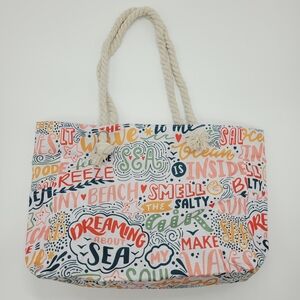 Colorful Beach Tote Bag Rope Shoulder Strap Handles Pockets Zip Closure Lined